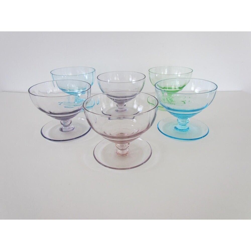 Art Deco Glass Sundae Set: Vintage Footed Dessert Bowls, Colorful Fused Glass